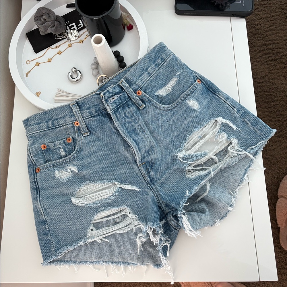 Levi's Blue Distressed Jean Shorts with Raw Edges